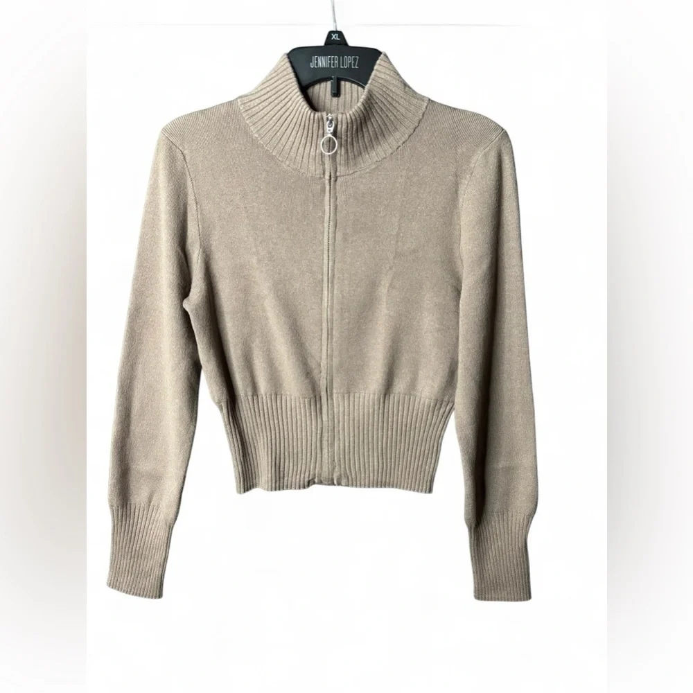 Pink Rose Ribbed Zip Up Sweater Cropped Mock Neck Brown Size L NWT